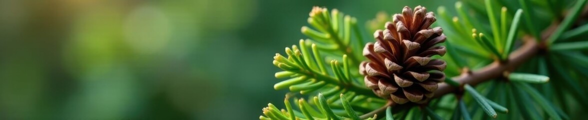 Fototapeta premium Close-up of a fir branch's details; a prominent pinecone nestled amongst needles , tree, macro