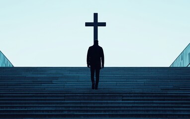 A man in traditional attire stands on stairs, holding a cross symbolizing faith and devotion during Easter.