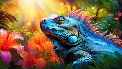 Fototapeta premium A vibrant blue iguana basking in a tropical garden, surrounded by lush greenery and bright, colorful flowers, sunlight highlighting its textured scales.