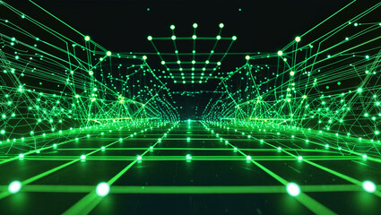 Obraz premium A futuristic neon green abstract digital background with interconnected dots and luminous lines forming a high-tech AI network. 