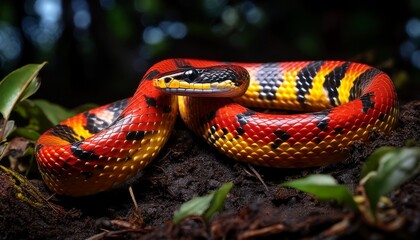 Fototapeta premium A vibrant coral snake with red, yellow, and black bands rests coiled in the forest underbrush, partially hidden among leaves and twigs, sunlight filtering through.