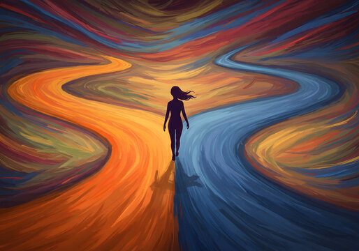 Woman balancing line between work and family life at fork in the road decision time illustration