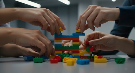 Teamwork building colorful blocks creative construction project fun toys play kids game hands - obrazy, fototapety, plakaty