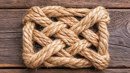 Beige Rope Woven Geometric Pattern on Rustic Wooden Background