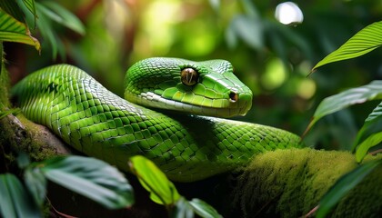 Fototapeta premium A vivid green snake winds through dense jungle foliage, its glistening scales catching dappled sunlight, blending seamlessly with vibrant leaves and vines.
