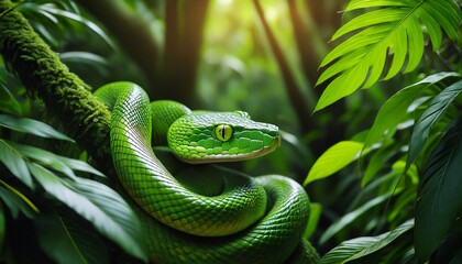 Obraz premium A vivid green snake winds through dense jungle foliage, its glistening scales catching dappled sunlight, blending seamlessly with vibrant leaves and vines.