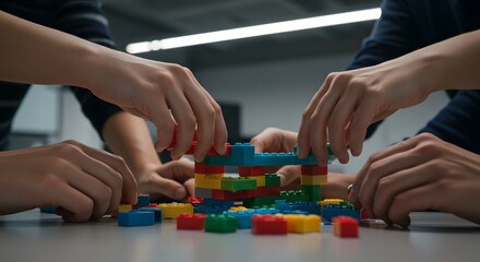 Teamwork building blocks collaboration creative colorful blocks red toy blue hands group green