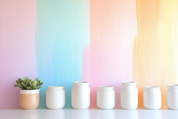 Minimalist vases and potted plant against pastel gradient background creating a serene and contemporary aesthetic