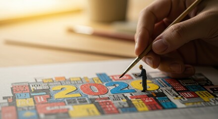 Fototapeta premium Hand painting miniature worker on 2026 cityscape design new year planning concept