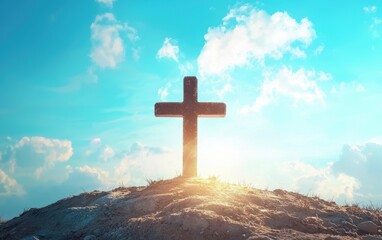 A cross stands on a hill under a beautiful sky, symbolizing Easter's hope and renewal.