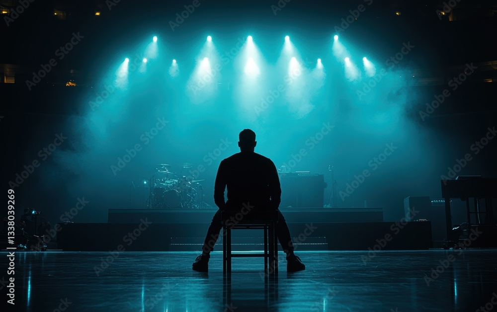 Poster man sits on chair before a brightly lit stage, ready for an event or performance.