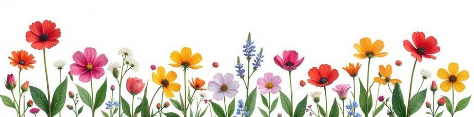 Fototapeta premium Delicate wildflowers, vibrant blooms, isolated on pure white , illustration, summer