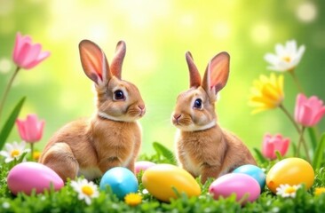 Image of Easter bunnies in the grass with colorful eggs and flowers on the background of a green lawn on a sunny day