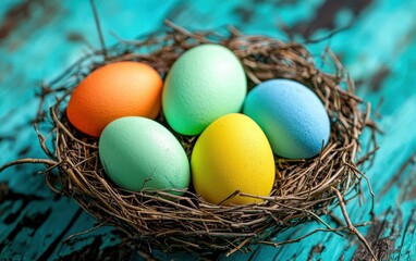 Obraz premium A nest containing four pastel eggs placed on a blue table, symbolizing Easter's joy and renewal.