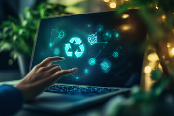 A person interacts with a laptop, touching a holographic CO2 icon, representing carbon emissions management and sustainable technology solutions