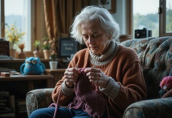 Senior woman knitting at home in cozy living room during afternoon