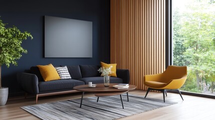 Fototapeta premium Modern living room interior, featuring a dark navy couch, a yellow accent chair, and a wooden coffee table. Natural light streams in through large windows