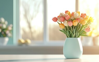 A festive Easter table setting with colorful eggs and spring flowers in a vase.