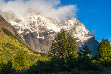 Impressive morning light on a hike up to Mirador Frances and Brittanico in Torres Del Paine national park, Patagonia, Chile.
