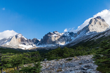 Impressive morning light on a hike up to Mirador Frances and Brittanico in Torres Del Paine national park, Patagonia, Chile.