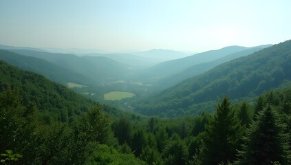 Fototapeta premium Rolling Hills and Forested Mountains with Clear Blue Sky in Summer