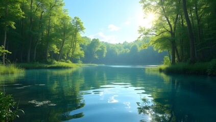 Tranquil Forest Lake with Mirror-Like Reflection and Lush Green Surroundings