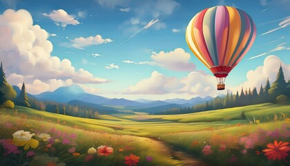 Fototapeta premium A whimsical soft-shaded digital painting of a colorful hot air balloon drifting above a sunlit summer meadow with flowers, dreamy and peaceful atmosphere.
