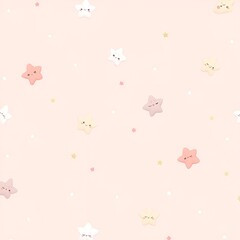 Kawaii seamless pattern with cute pink and white smiling stars, pastel aesthetic, perfect for baby shower, nursery decor, and fabric print