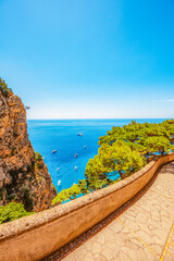 Via Krupp on Capri island in Italy. Faraglioni Rocks, Marina Piccola and Monte Solaro on Capri...