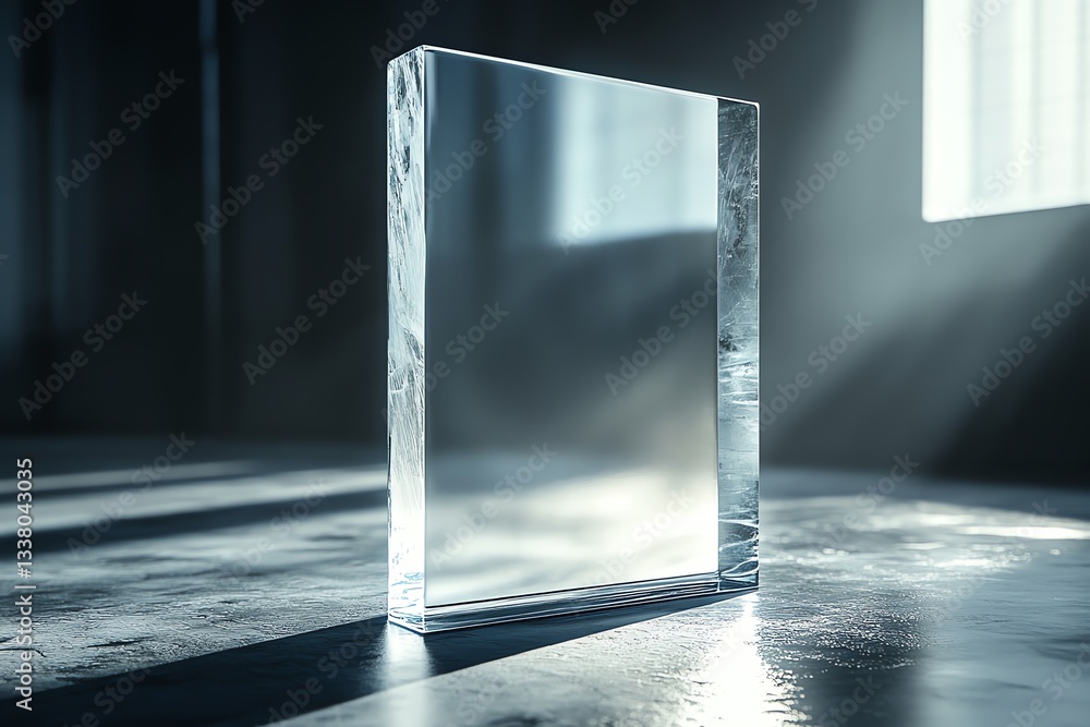Poster crystal block standing on reflective floor with light streaks abstract