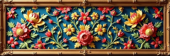 Intricate tapestry, aged wood frame, damask wallpaper, thread, woven, style