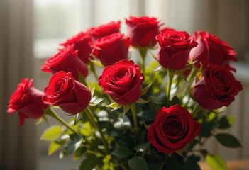 Beautiful bouquet of red roses arranged indoors near a window