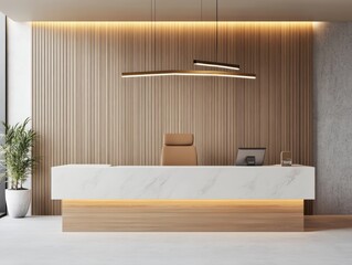 Elegant modern office reception area with stylish furnishings and lighting