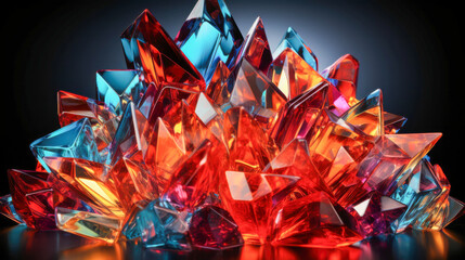 Multicolored glass triangles create a vibrant formation illuminated by dramatic lighting in an artistic display