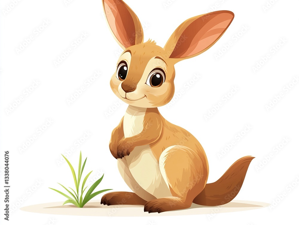 Poster a playful baby kangaroo in vector art, its tiny paws lifted slightly as if bouncing, with a soft and