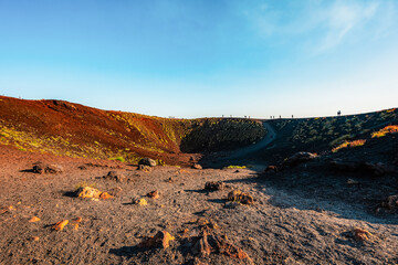 Etna Volcano crater near Catania, Italy, Sicily. Silvestri lava volcanic crater at the slopes of Mount Etna