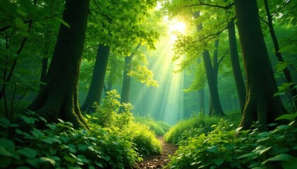 Fototapeta premium Lush green canopy, dappled sunlight filters through dense forest leaves , tropical, environment