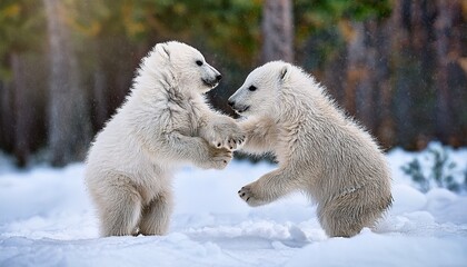 Two playful polar bear cubs tumble and roll in a snow-covered taiga, their fluffy white fur blending with the pristine winter landscape under soft light.