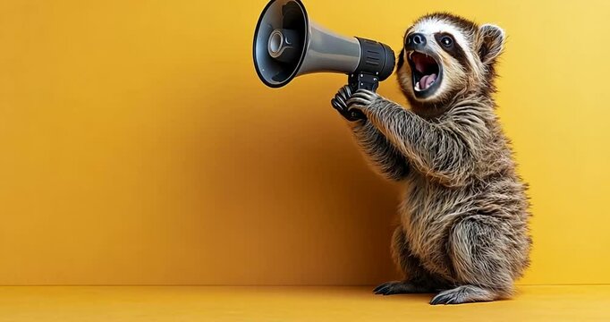 Cute Raccoon with Megaphone on Yellow Background