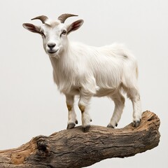 Fototapeta premium A playful goat standing on a log, curious stance, soft fur detailed, three-quarter angle, white backdrop 