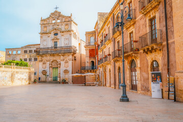Ortigia island, old cityspace town in Syracuse. Small island on Sicily, Italy. Main square with Syracuse Cathedral