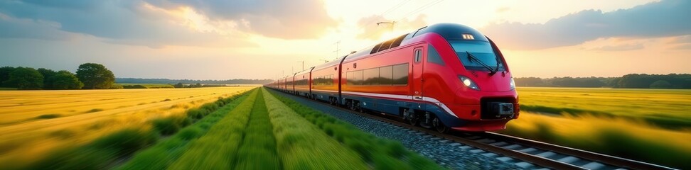 Fototapeta premium Modern high-speed train speeding through farmland, energy, blur, progress