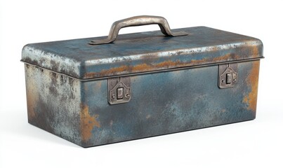Rusty metal toolbox isolated on white background, ideal for vintage or industrial projects