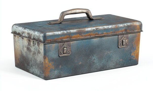 Rusty metal toolbox isolated on white background, ideal for vintage or industrial projects