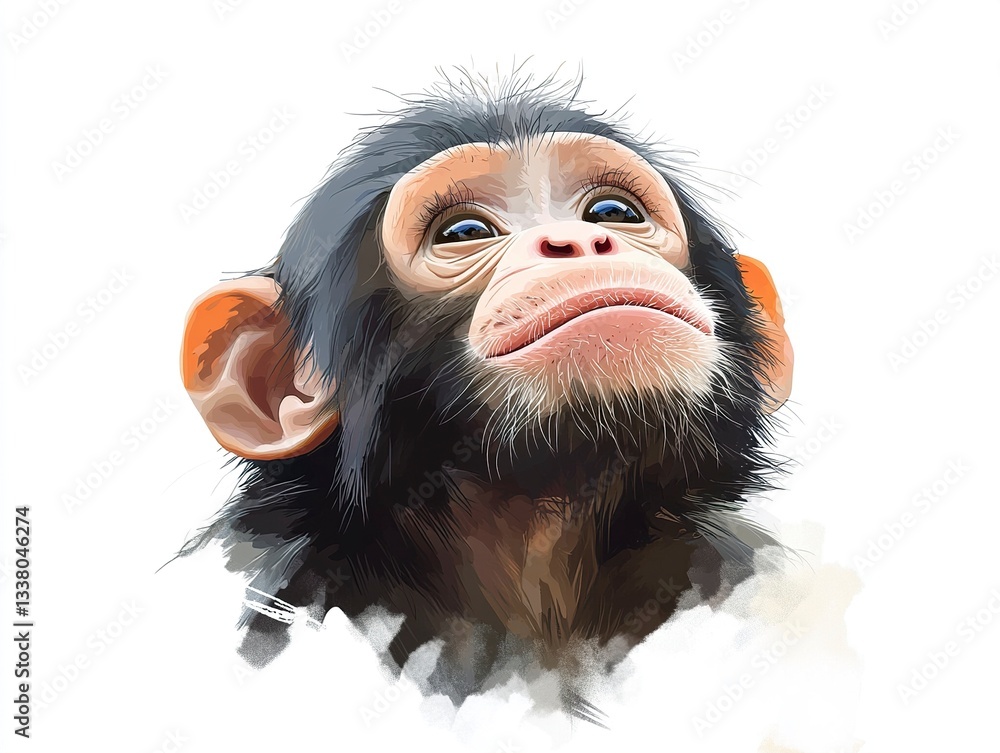 Poster a playful little monkey in vector style, tilting its head curiously with a tiny pink nose and cheerf