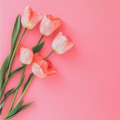 Three pink tulips bloom vibrantly against a soft pink background, celebrating spring's beauty.