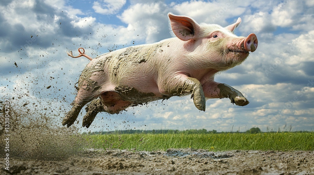 Poster a playful pig leaps forward, mud spraying behind it, its ears flopping with excitement as it enjoys 