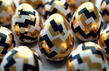 Elegant Easter eggs with black, gold, and white geometric pattern on dark background, metallic details, luxurious and modern holiday aesthetic, Easter celebration, festive