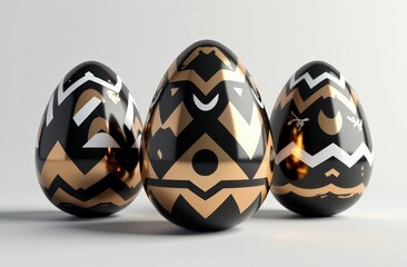 Elegant Easter eggs with black, gold, and white geometric pattern on dark background, metallic details, luxurious and modern holiday aesthetic, Easter celebration, festive