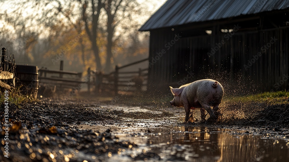 Poster a playful pig splashes in a muddy puddle, its tail wagging slightly as it revels in the cooling embr